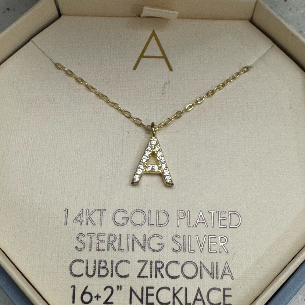 Isabella m. 14k Gold Plated Sterling Silver CZ Initial “A” necklace 16”+4”